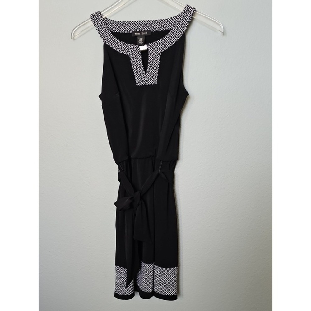 White House Black Market Geometric Trim Belted Blouson Dress XS Black White